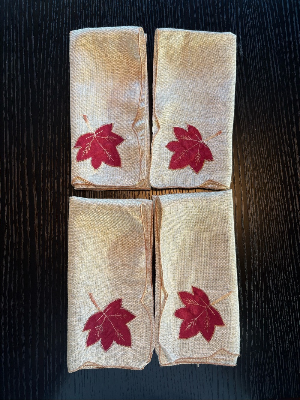 Embroidered Red Maple Leaf Iridescent Champagne Cloth Napkins - Set of 4